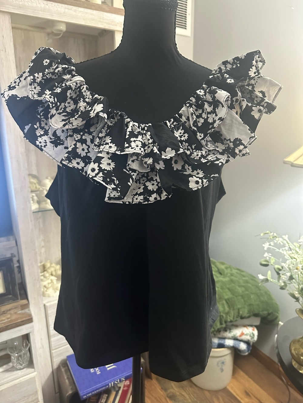 Marc New York Black Camisole with Black-and-White Floral Ruffle